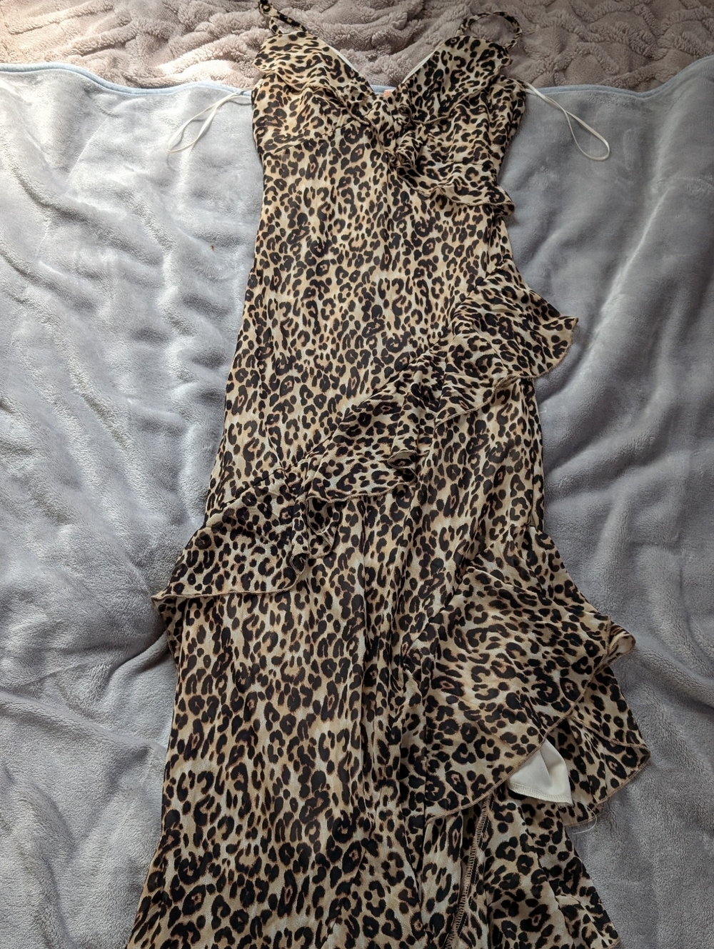 Leopard Print Ruffle Slip Dress - Beige and Black